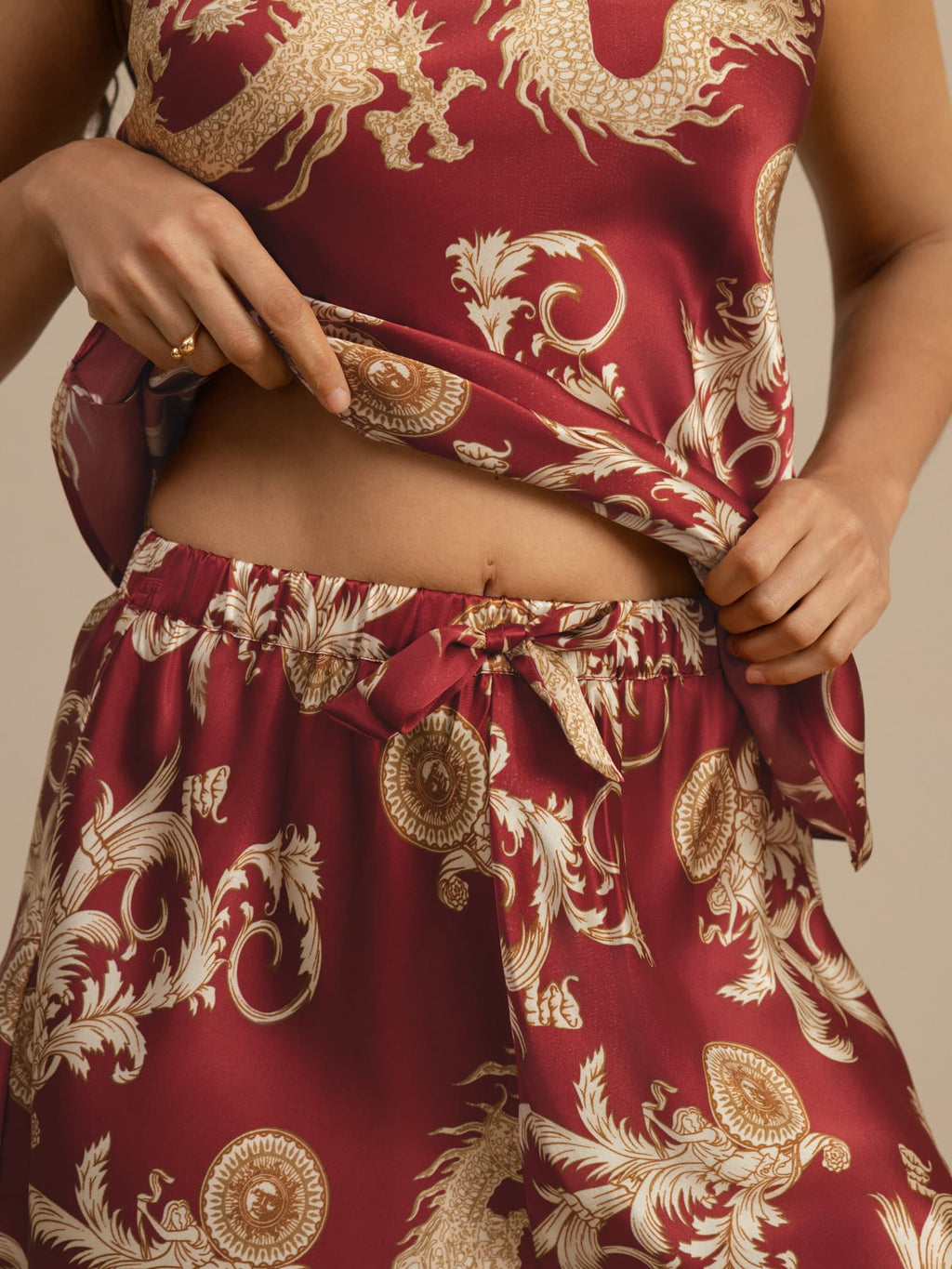 Pure Silk Dragon Print Spaghetti Strap V Neck Camisole Set