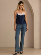 19Momme Silk Women's Adjustable Spaghetti Strap V Neck Lace Trim Camisole Top