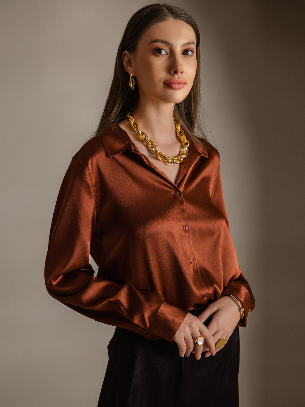 19Momme Silk Long Sleeve Lapel Collar Women's Shirt with Button Up Design
