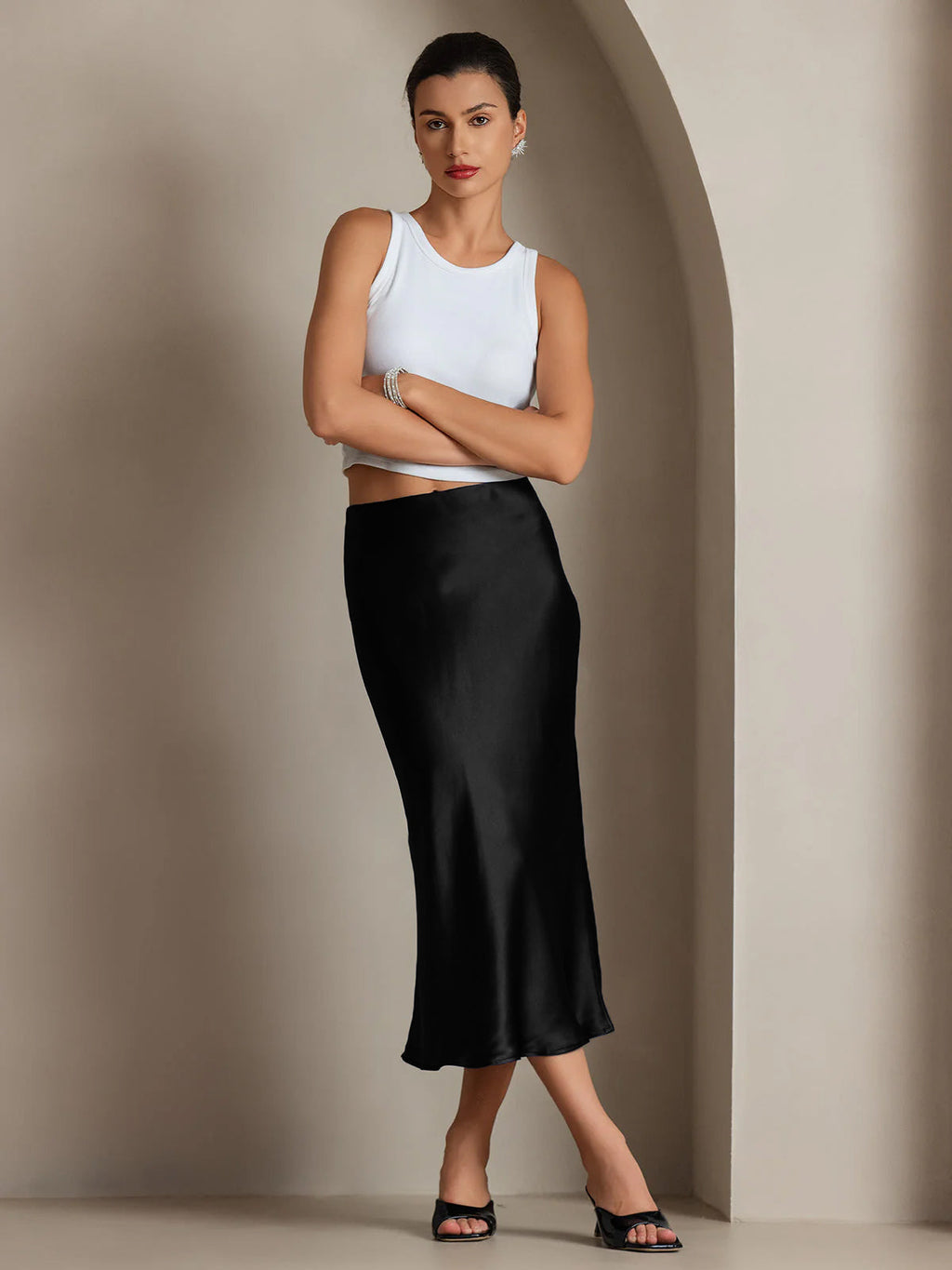 100% Mulberry Silk Stretch Long Straight Skirt