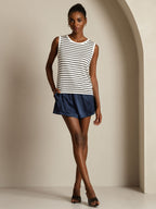 Women's Pure Silk Round Neck Sport Stripe Print Tank Top
