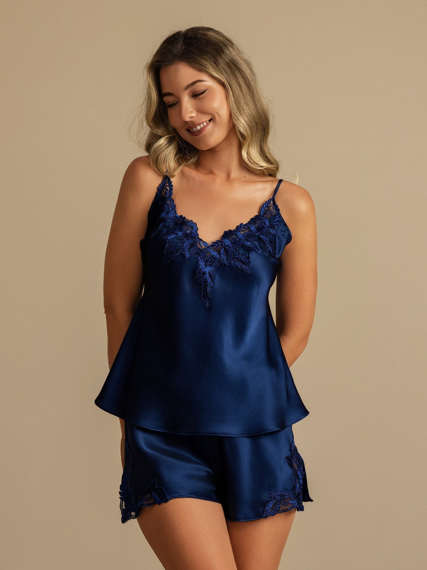 100% Mulberry Silk Spaghetti Strap V Neck Camisole Set with Lace Design