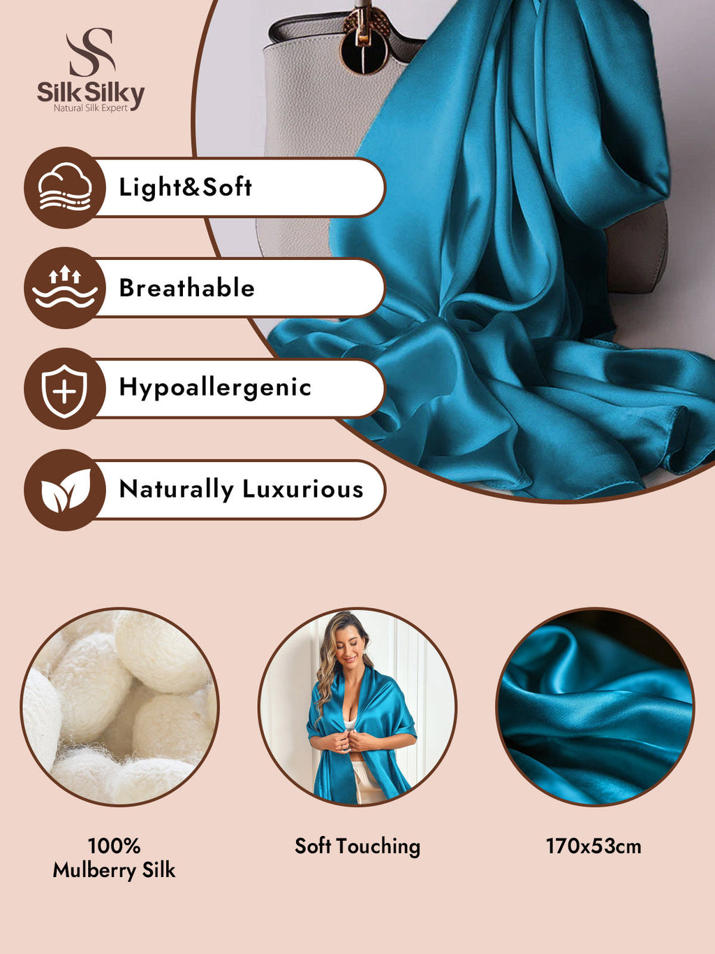 100% Mulberry Silk Long Scarf/Shawl 170x53cm/67