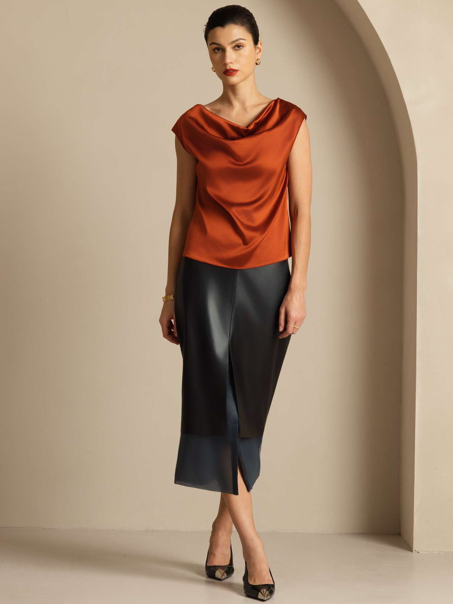 19Momme Silk Cap Sleeve Cowl Neck Women's Top