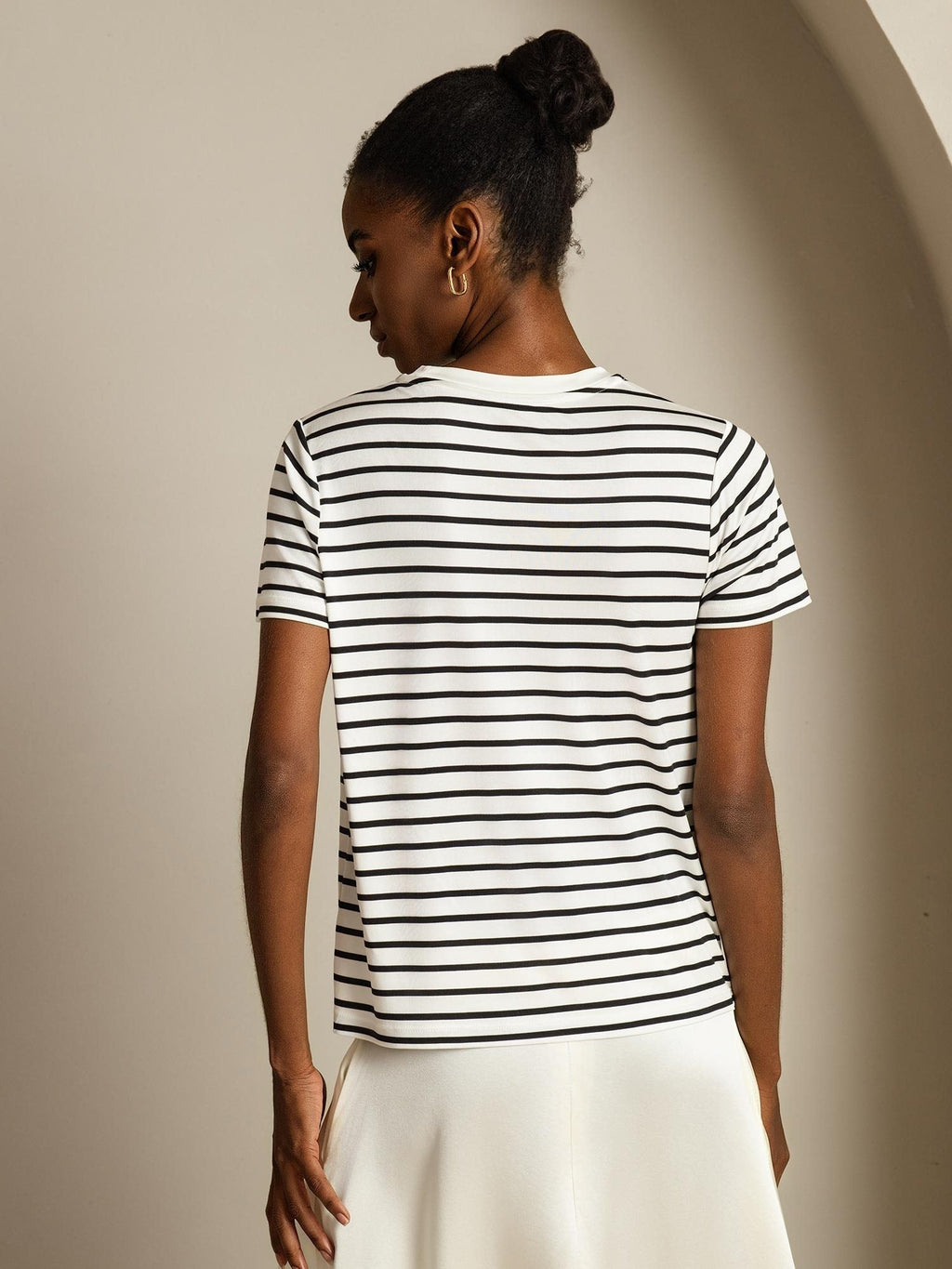 Pure Silk Crew Neck Short Sleeve Women's Sport Stripe Print T-Shirt