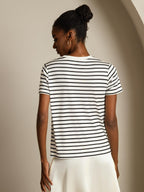 Pure Silk Crew Neck Short Sleeve Women's Sport Stripe Print T-Shirt