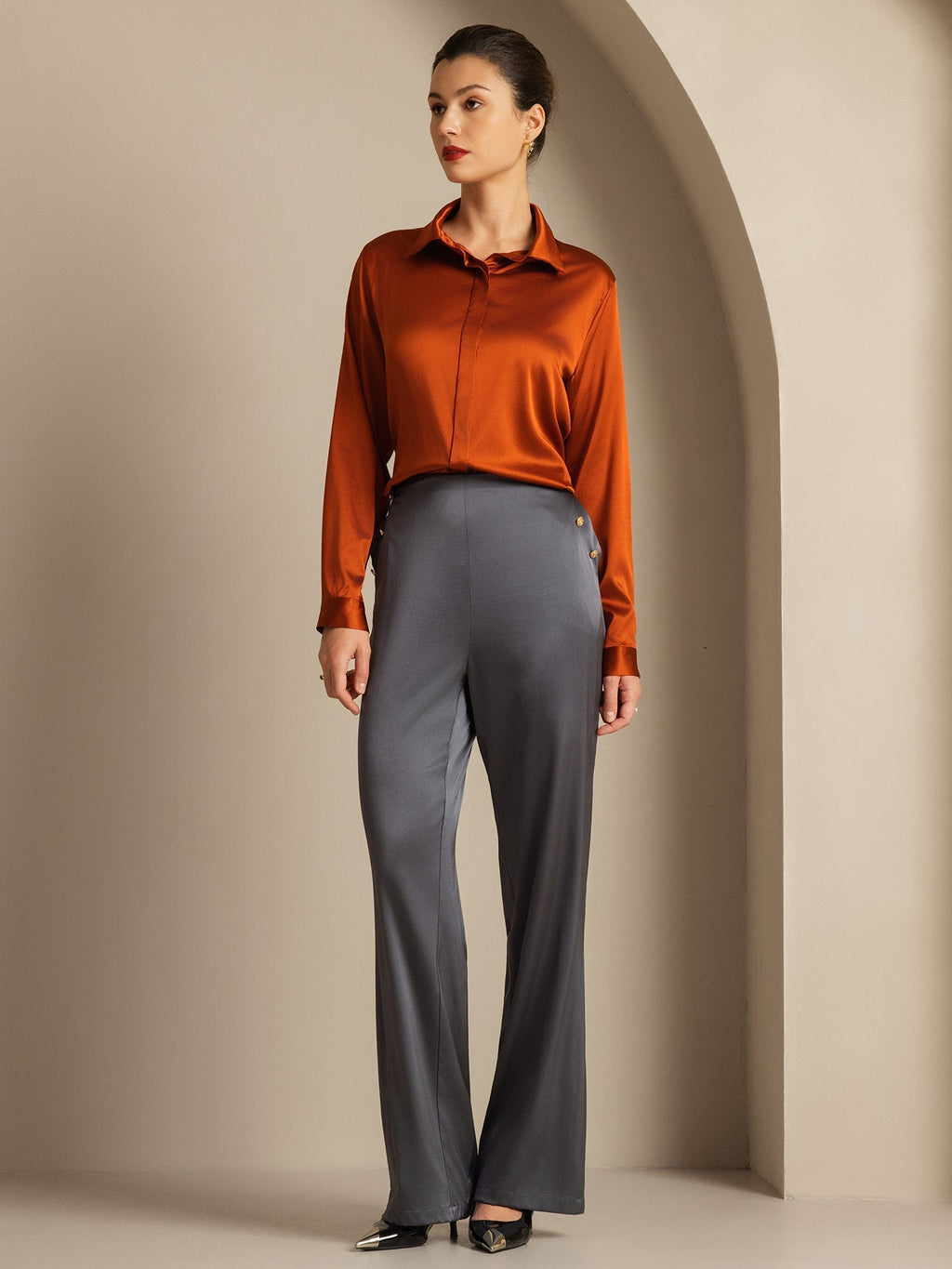 19Momme Silk High Waist Straight Fit Women's Pants with Back Elastic Waist Design