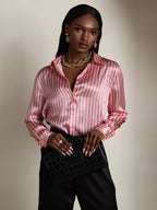 19Momme Silk Stripe Print Long Sleeve Lapel Collar Women's Shirt