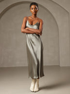 100% Mulberry Silk Spaghetti Strap V-neck Midi Nightgown