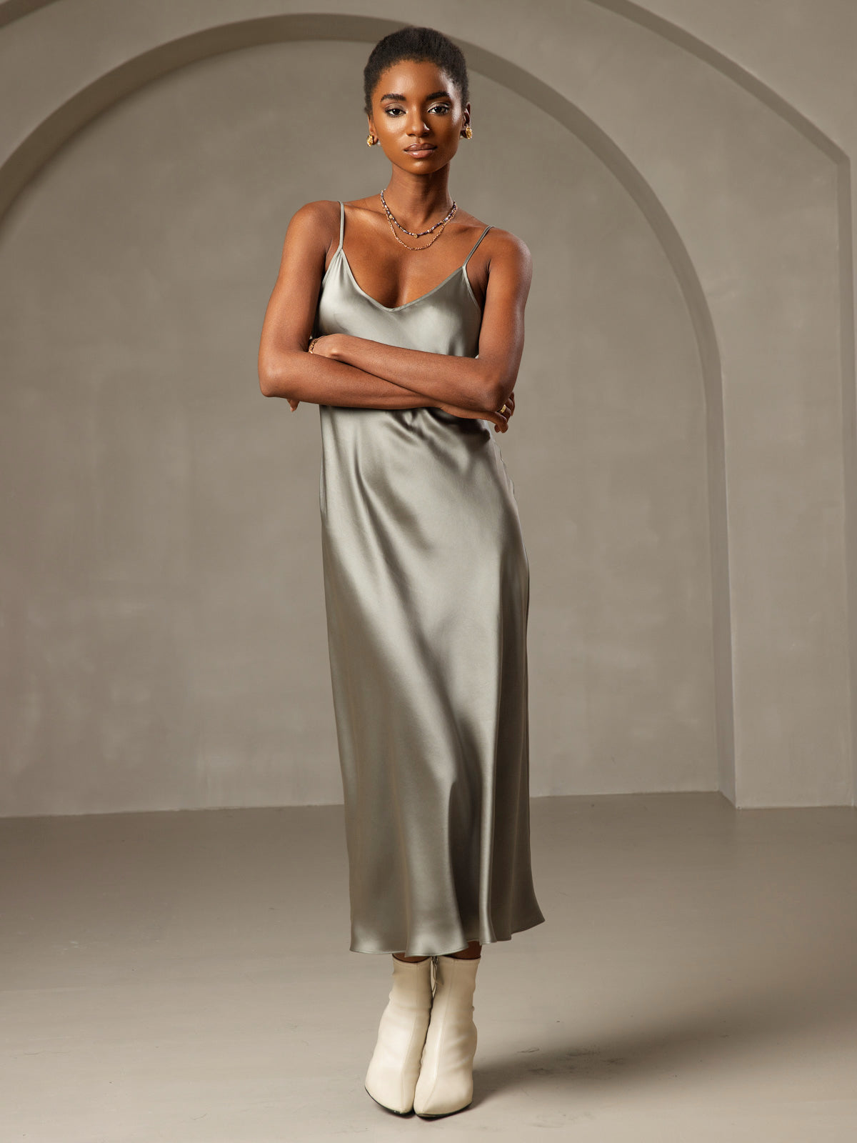 100% Mulberry Silk Spaghetti Strap Midi Long Dress