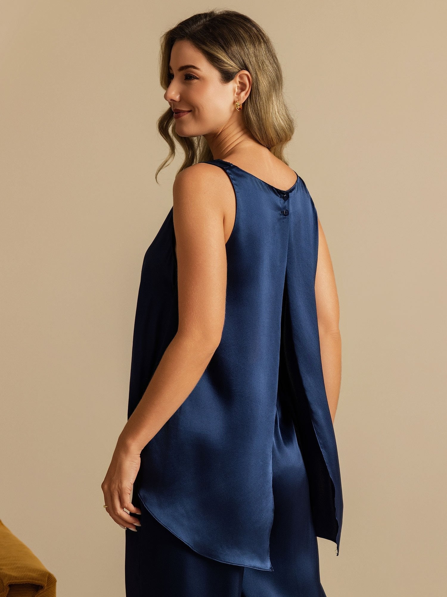 Pure Silk Sleeveless U-Neck Backless Slit High-low Tank Top