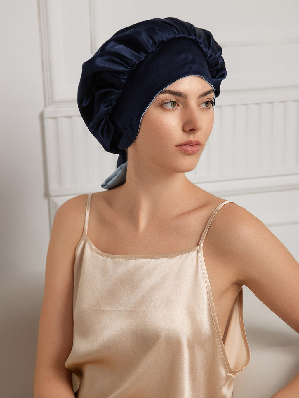 100% Mulberry Silk  Casual Bonnet with Long Ribbons (Two-tone and Double-sided)