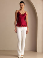 100% Mulberry Silk Women's Spaghetti Strap V Neck Lace Trim Camisole Top
