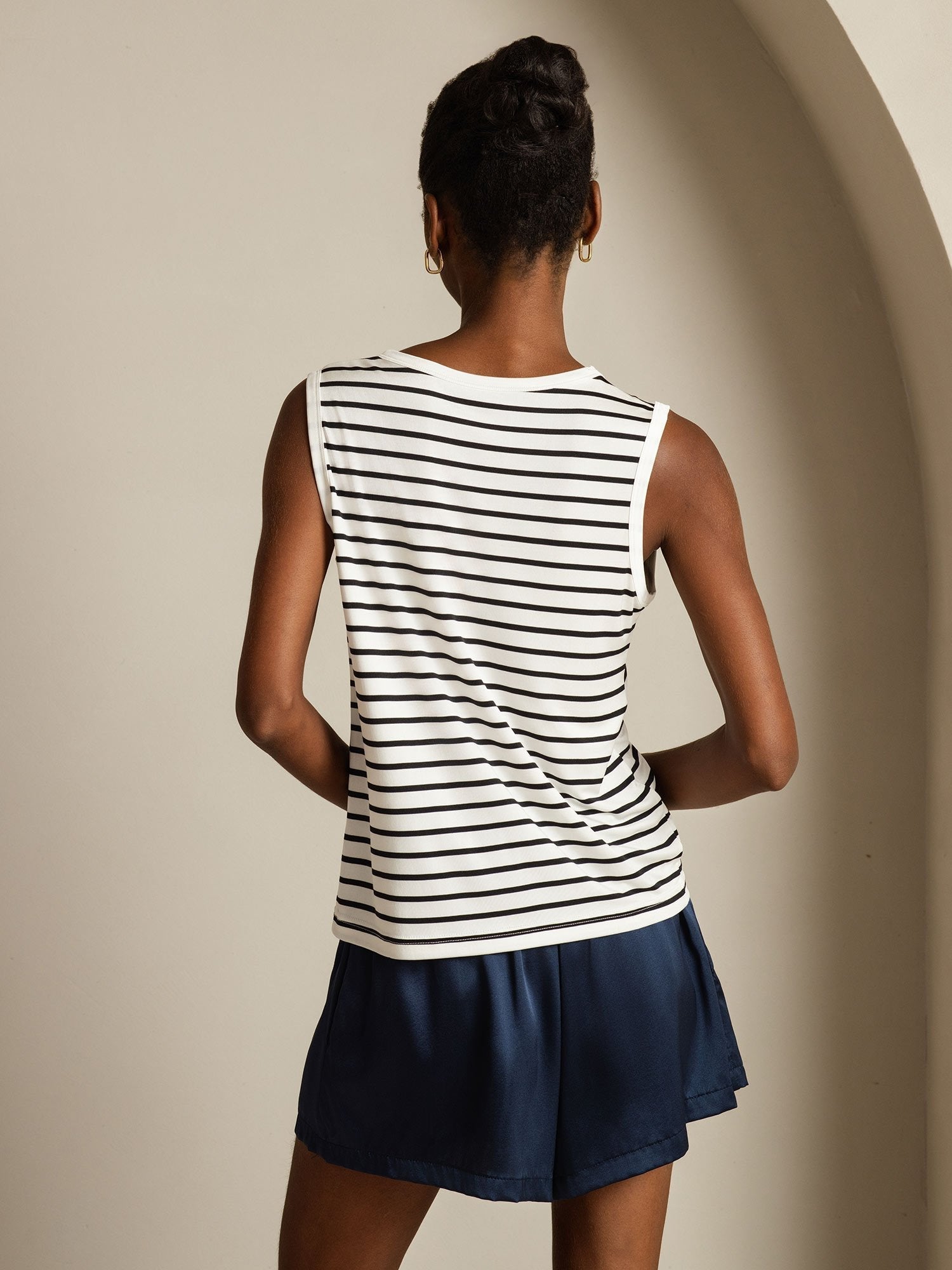 Women's Pure Silk Round Neck Sport Stripe Print Tank Top