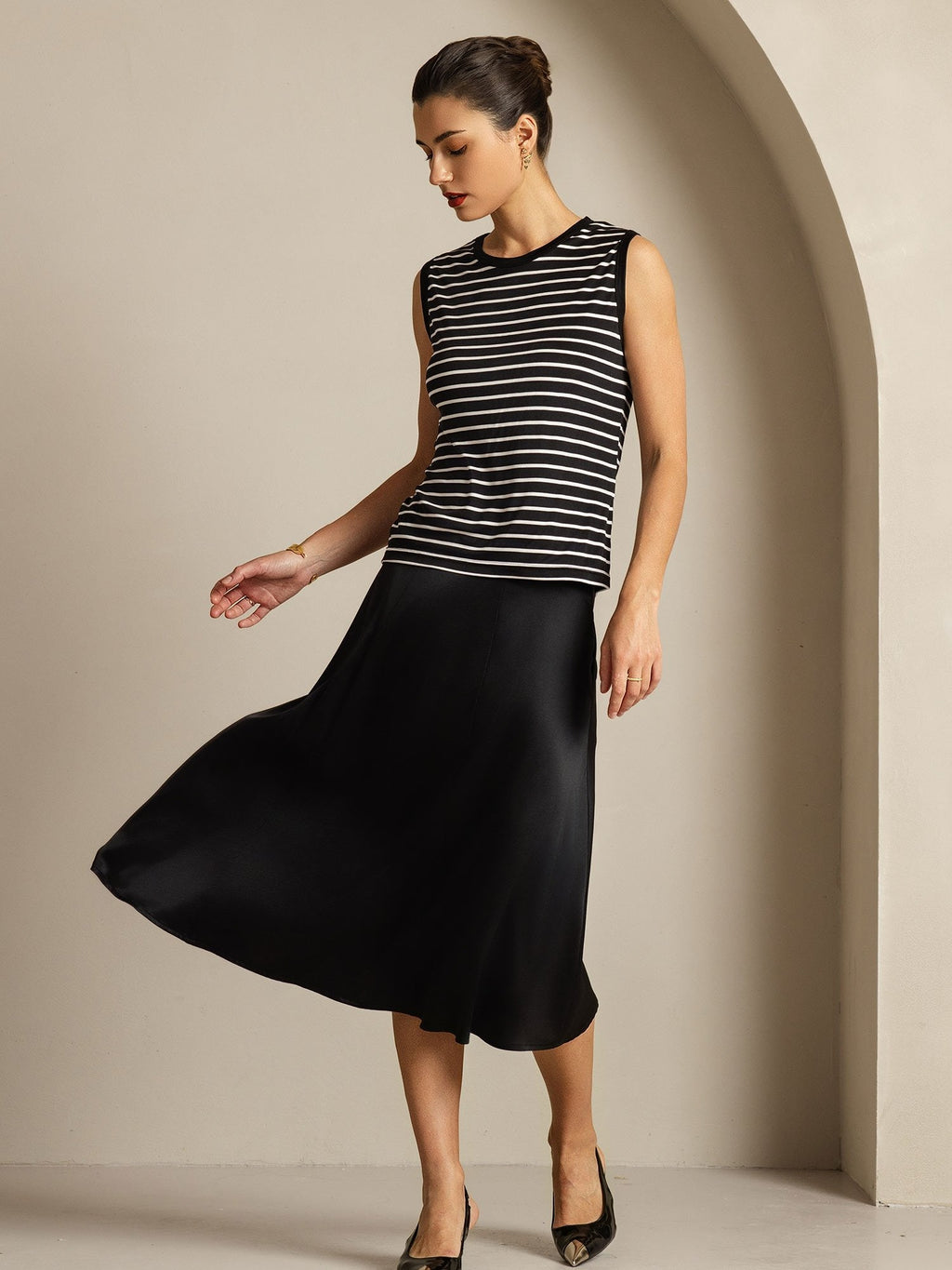 Women's Pure Silk Round Neck Sport Stripe Print Tank Top