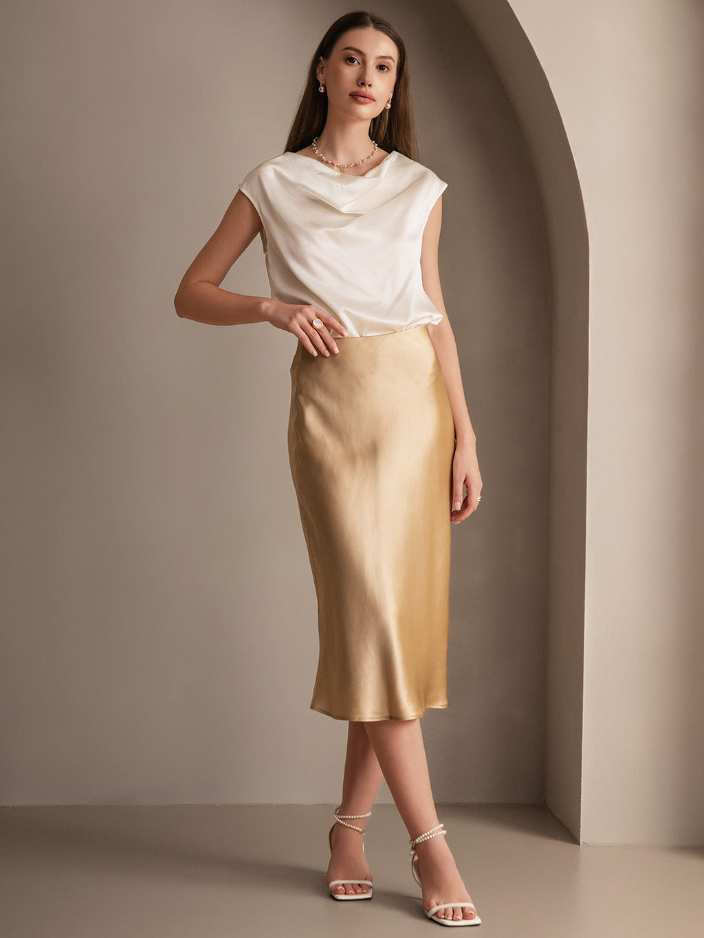 100% Mulberry Silk Stretch Long Straight Skirt