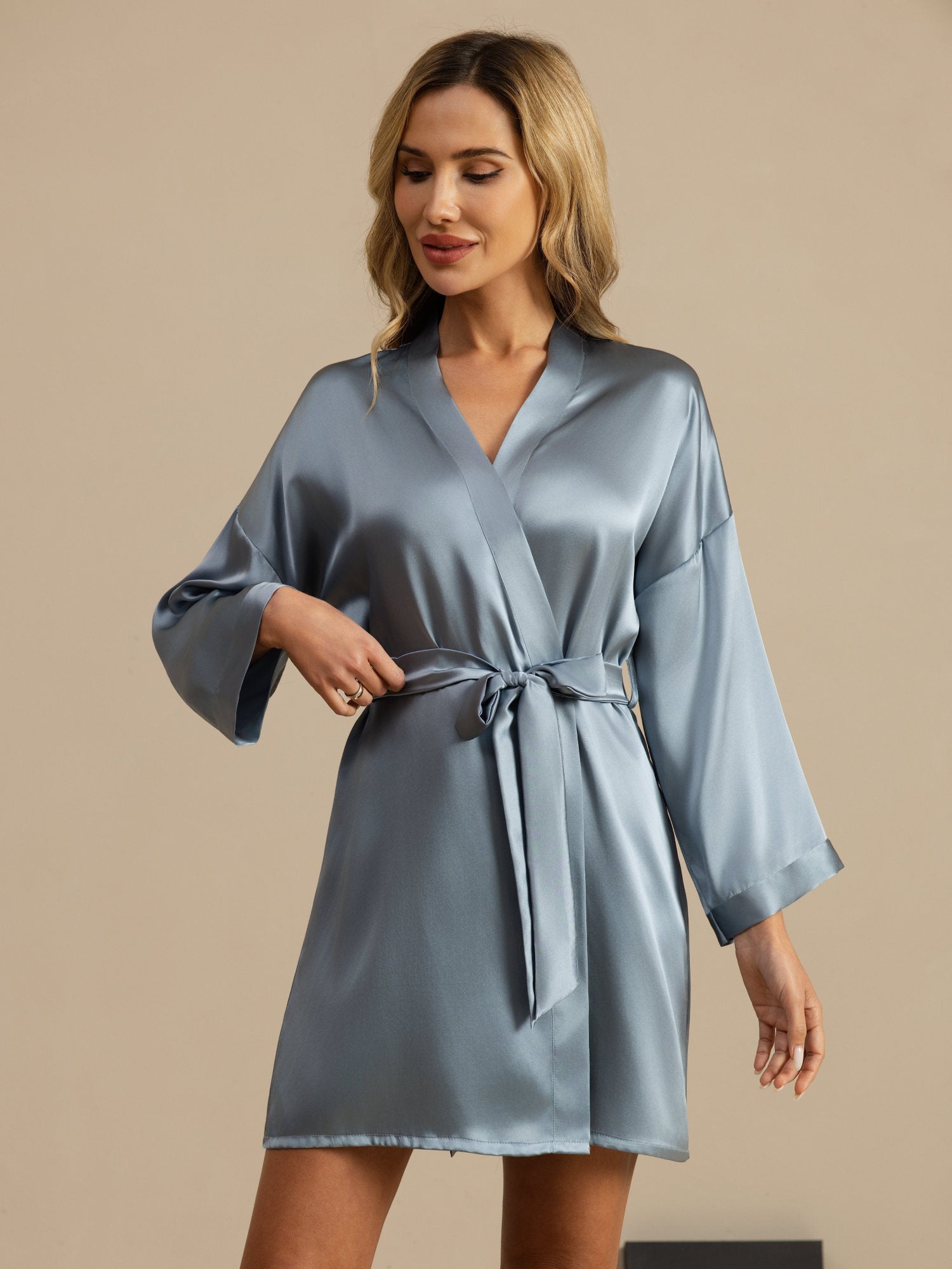 100% Mulberry Silk 3/4 Sleeve Short Women's Kimono Robe with Wrap Design