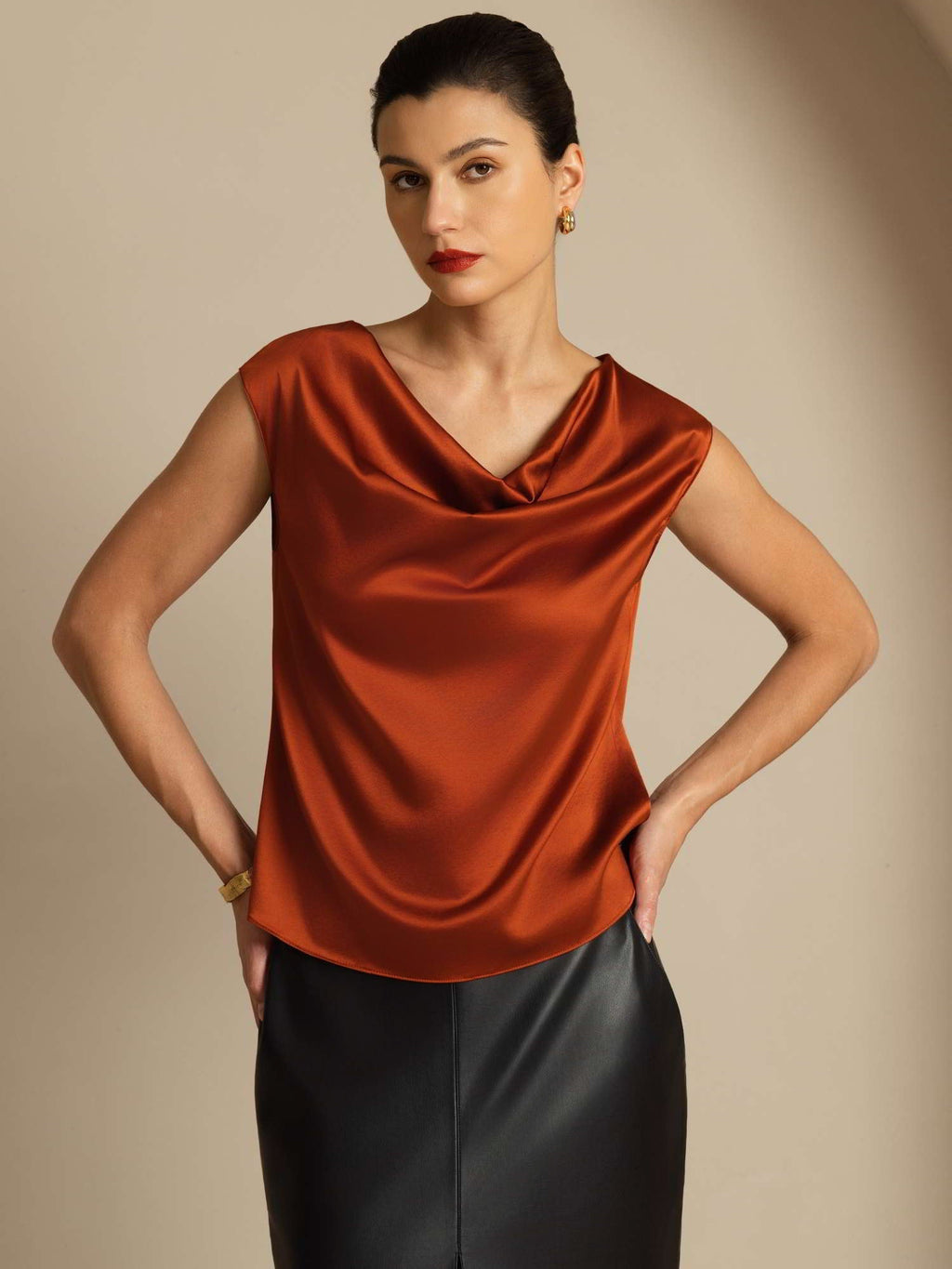 19Momme Women's Silk Cap Sleeve Cowl Neck Top