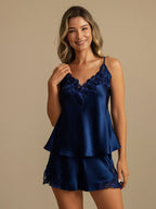 100% Mulberry Silk Spaghetti Strap V Neck Camisole Set with Lace Design