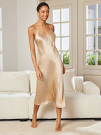 100% Mulberry Silk Spaghetti Strap V-neck Midi Nightgown