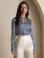 19Momme Silk Stripe Print Long Sleeve Lapel Collar Women's Shirt