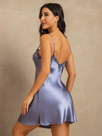 100% Mulberry Silk Spaghetti Strap Short Nightgown with Lace V-Back Design