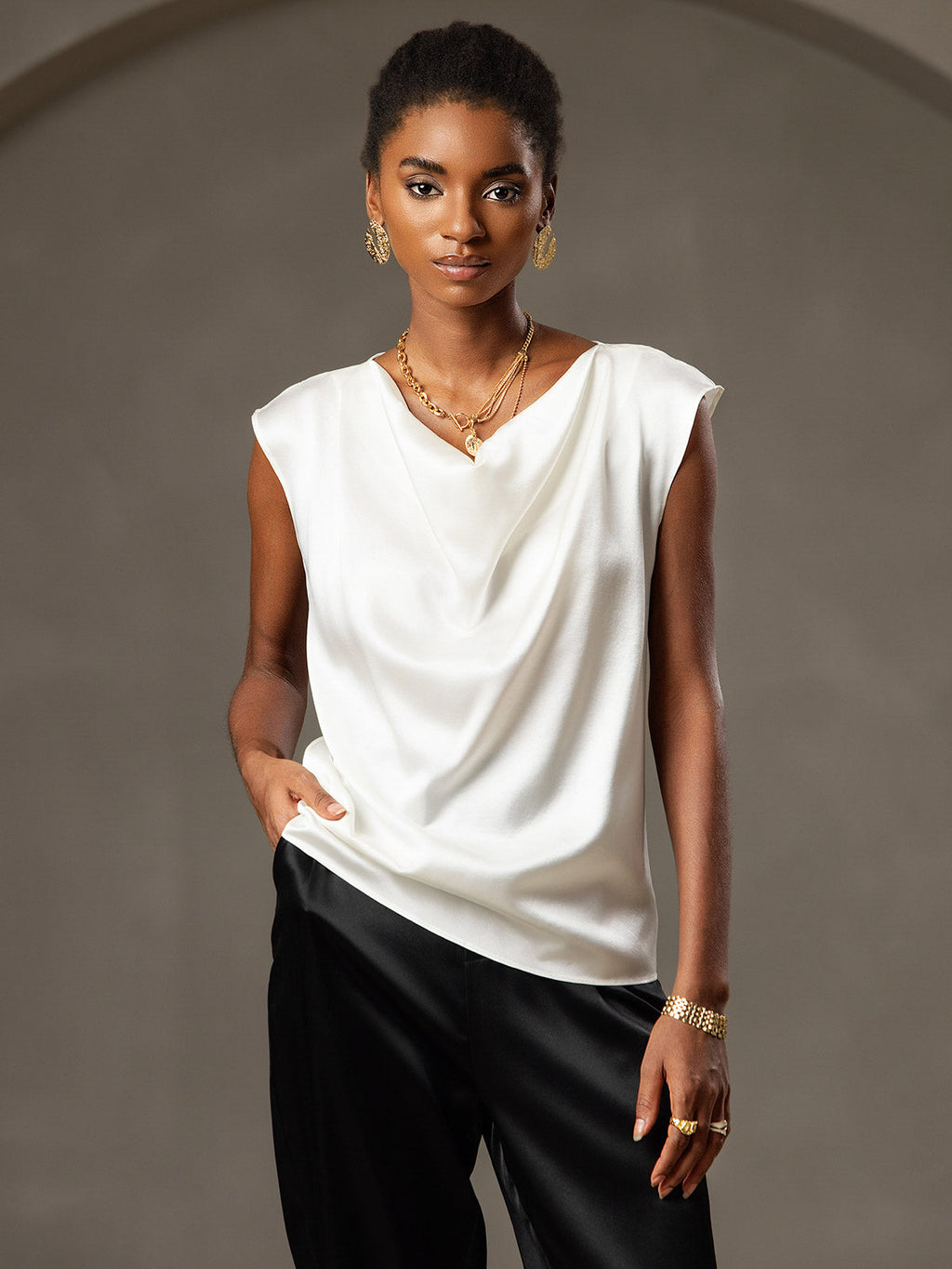 19Momme Women's Silk Cap Sleeve Cowl Neck Top