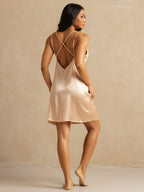 Pure Silk Spaghetti Strap Lace V neck Backless Short Nightgown