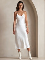 100% Mulberry Silk Spaghetti Strap Midi Long Dress