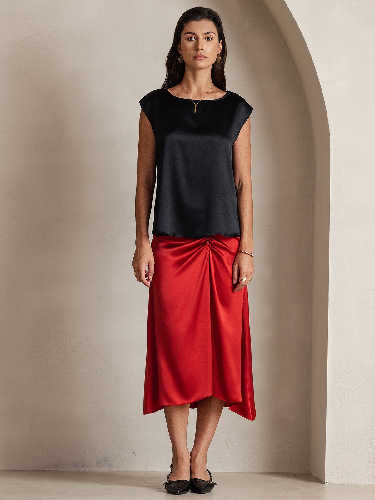19Momme Women's Silk Cap Sleeve Round Neck Top