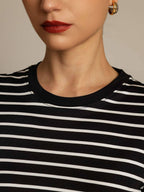 Pure Silk Crew Neck Short Sleeve Women's Sport Stripe Print T-Shirt