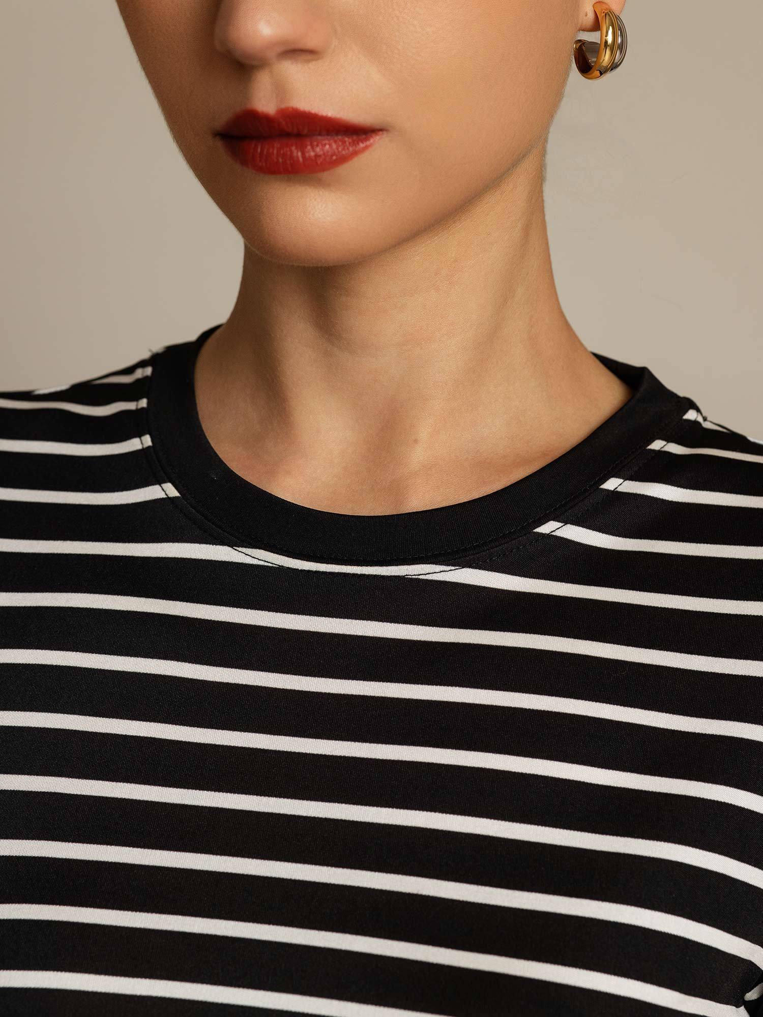 Pure Silk Crew Neck Short Sleeve Women's Sport Stripe Print T-Shirt