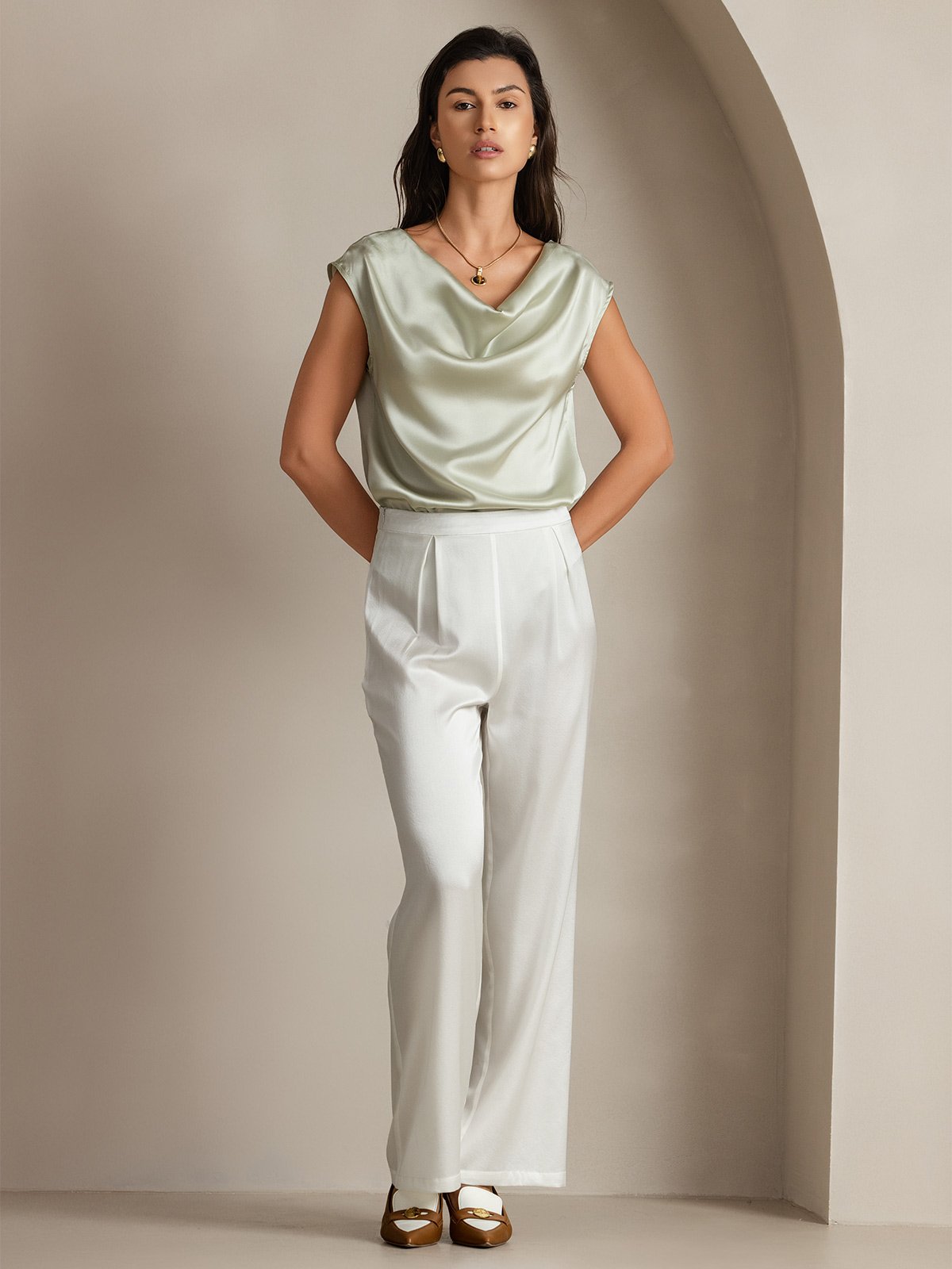 19Momme Silk Cap Sleeve Cowl Neck Women's Top