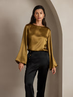 19Momme Silk High Waist Straight Fit Women's Pants with Back Elastic Waist Design