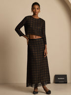 Pure Silk Women's Long Sleeve Textured Grid Crop Blouse with Back Ties