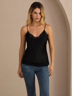 100% Mulberry Silk Women's Spaghetti Strap V Neck Lace Trim Camisole Top