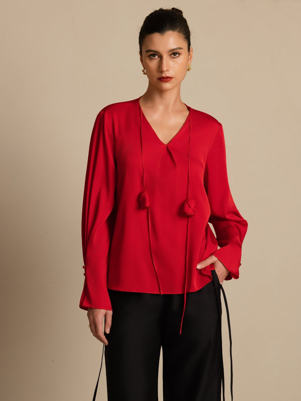 19Momme Silk Women's V Neck Long Sleeve Blouse With 3D Rose Detail
