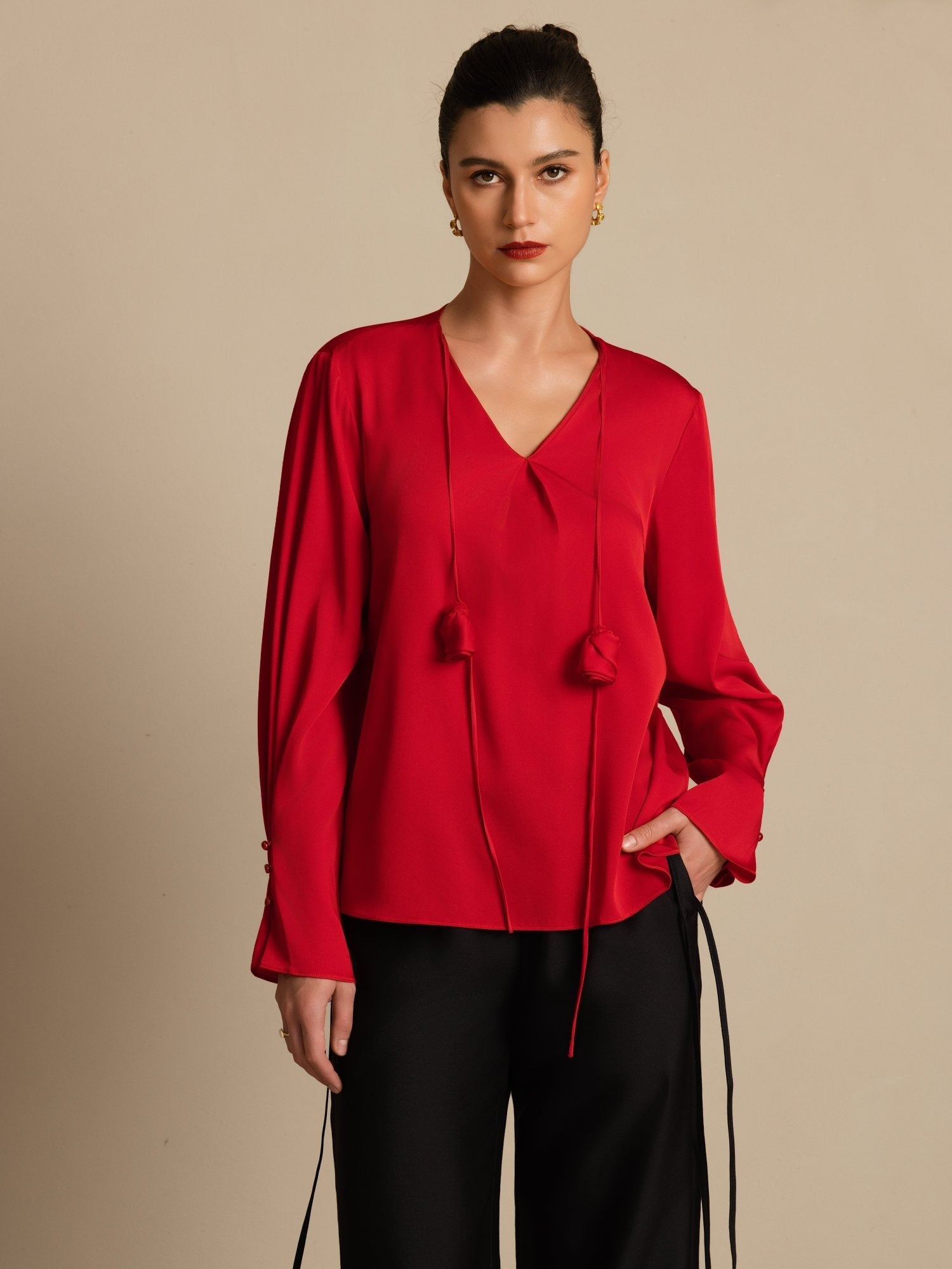 19Momme Silk Women's V Neck Long Sleeve Blouse With 3D Rose Detail