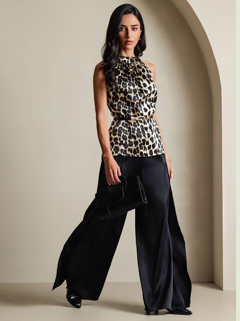 19Momme Silk Leopard Print Sleeveless Halter Neck Women's Top