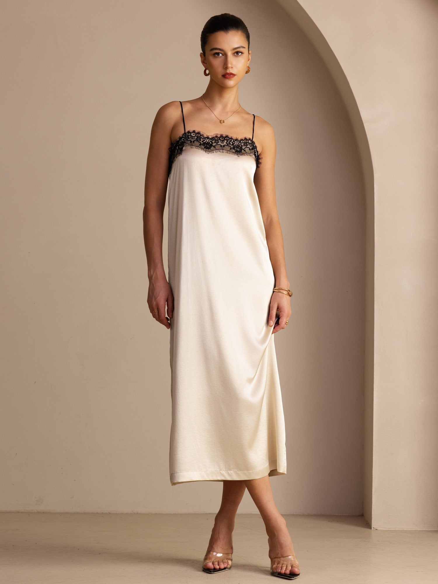 19Momme Silk Square Neck Spaghetti Strap Lace Midi Dress