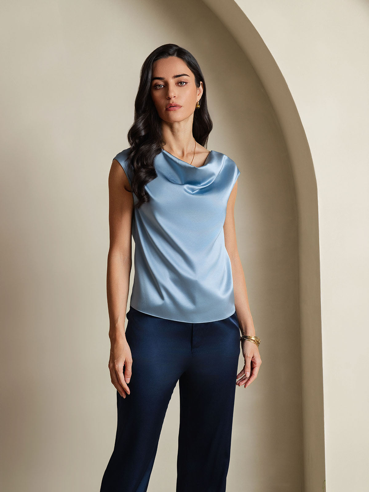 19Momme Silk Cap Sleeve Cowl Neck Women's Top