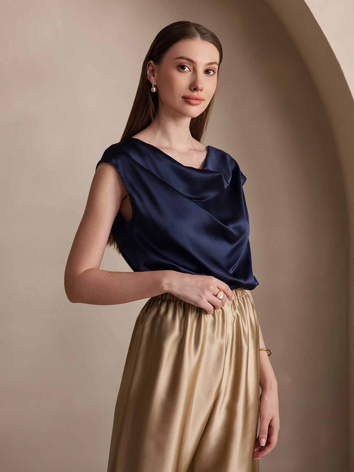 19Momme Women's Silk Cap Sleeve Cowl Neck Top