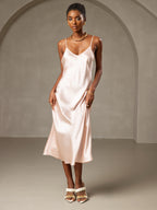 100% Mulberry Silk Spaghetti Strap V Neck Midi Dress