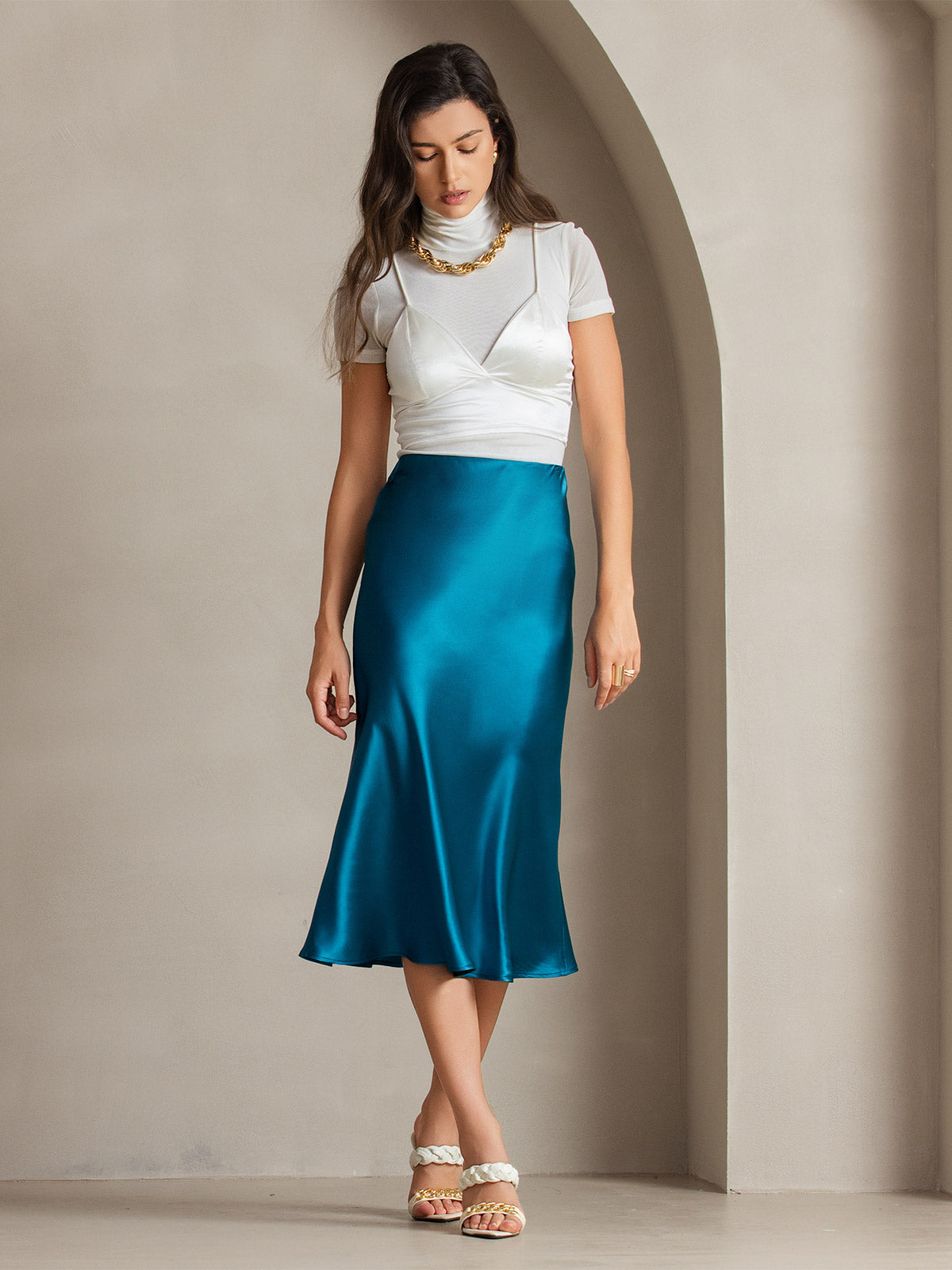 100% Mulberry Silk Stretch Long Straight Skirt