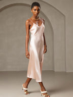 100% Mulberry Silk Spaghetti Strap V Neck Midi Dress
