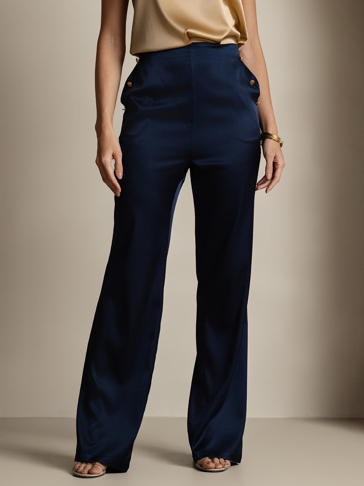 19Momme Silk High Waist Straight Fit Women's Pants with Back Elastic Waist Design
