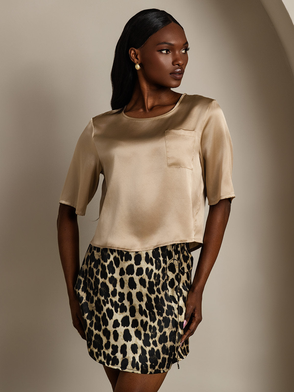 100% Mulberry Silk Women's Blouse Short Sleeve Boxy Crop Top