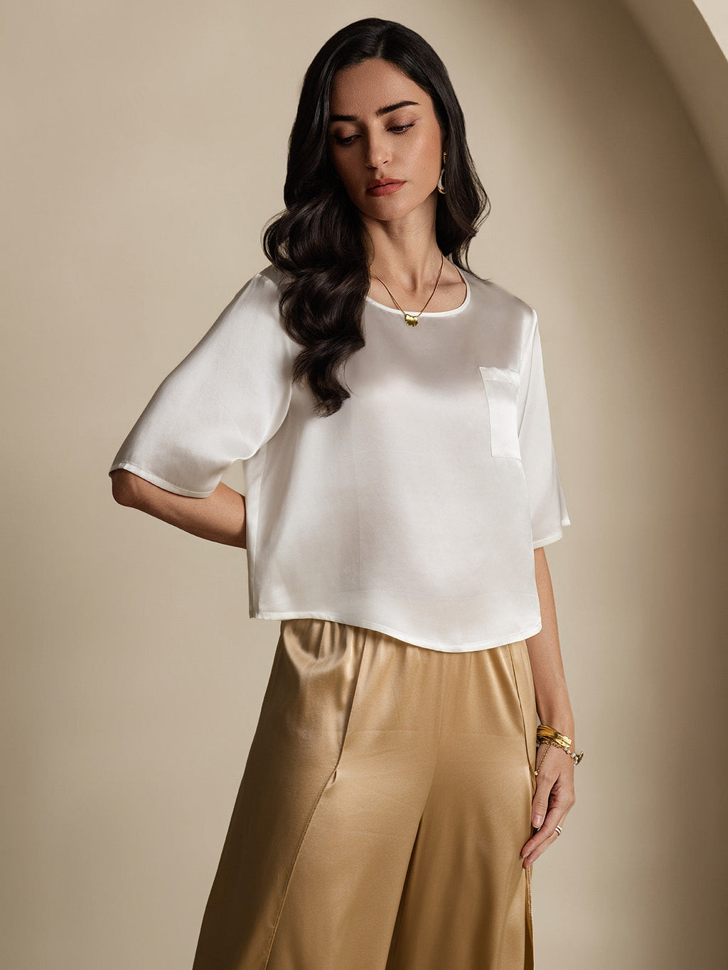 100% Mulberry Silk Women's Blouse Short Sleeve Boxy Crop Top