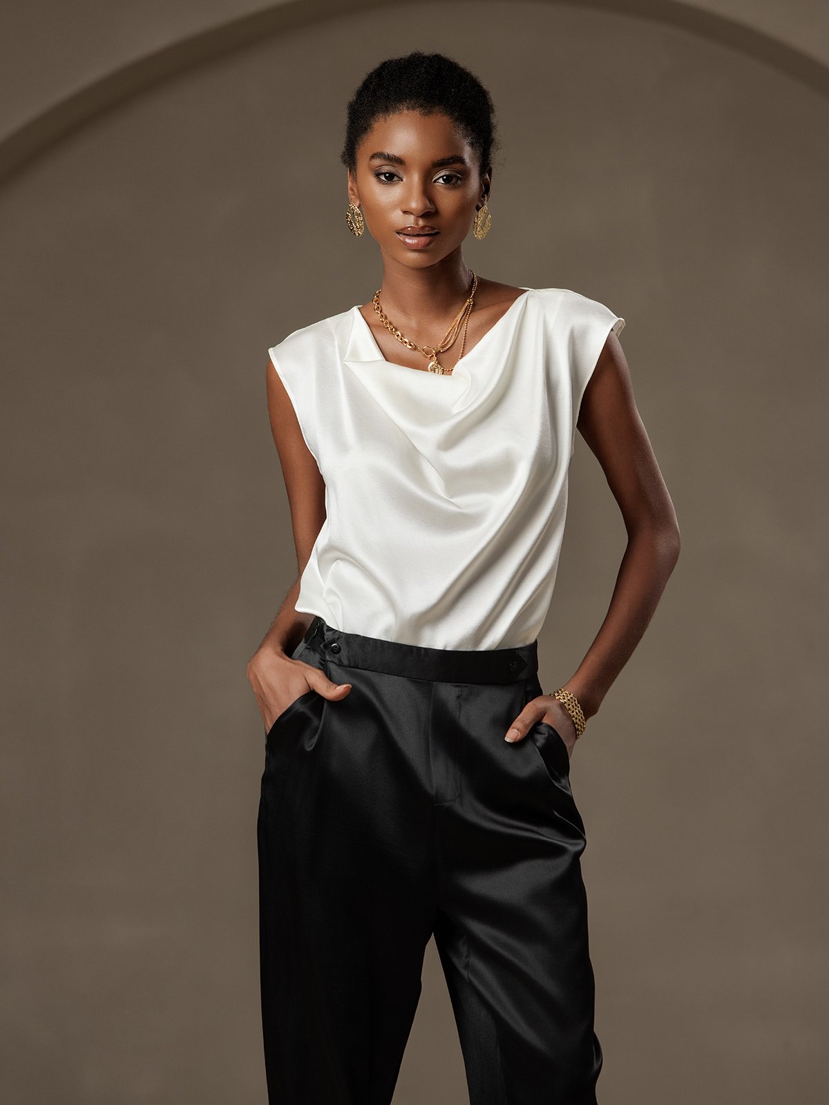 19Momme Silk Cap Sleeve Cowl Neck Women's Top