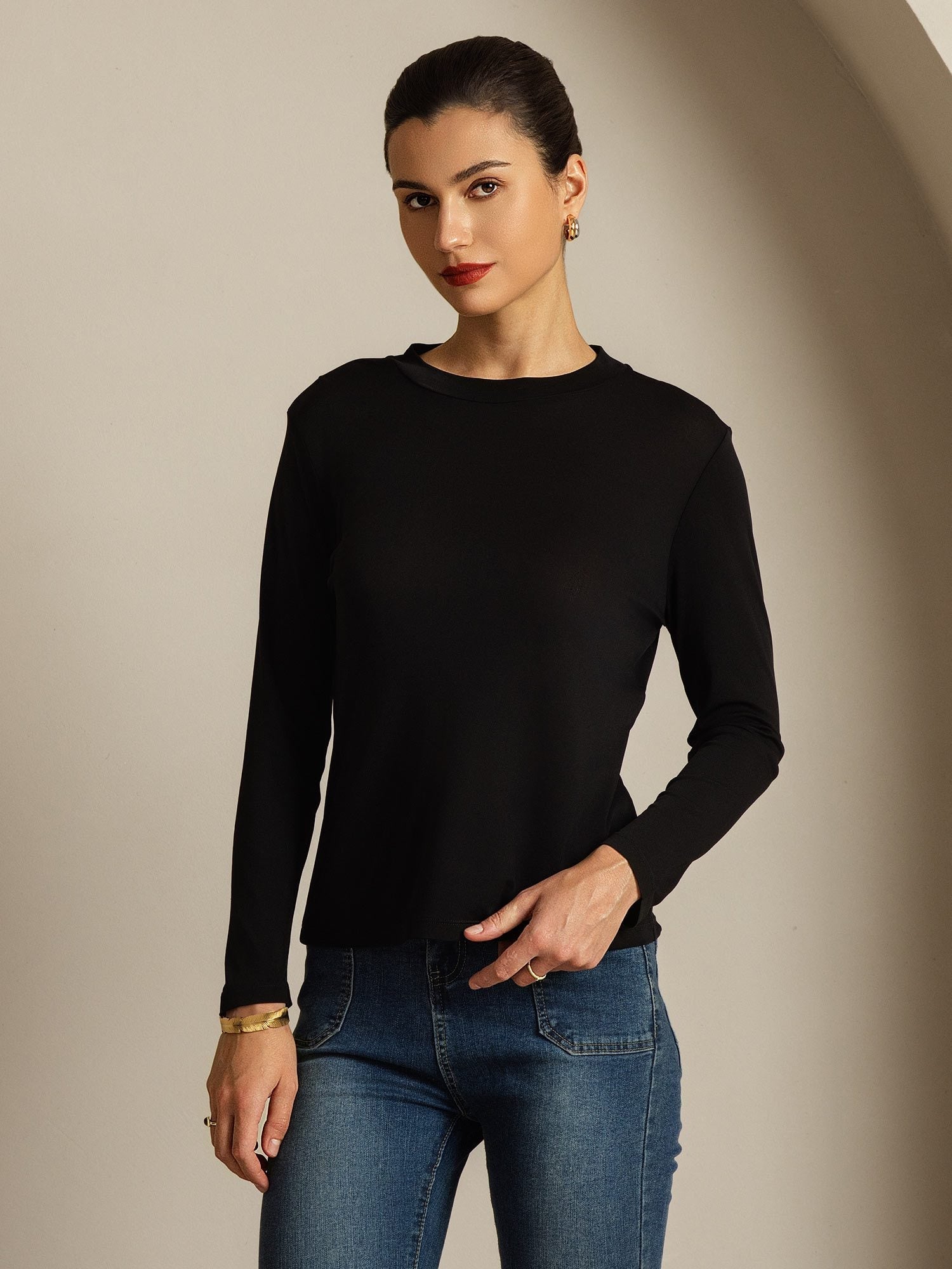 Women's Pure Silk Long Sleeve Round Neck Top
